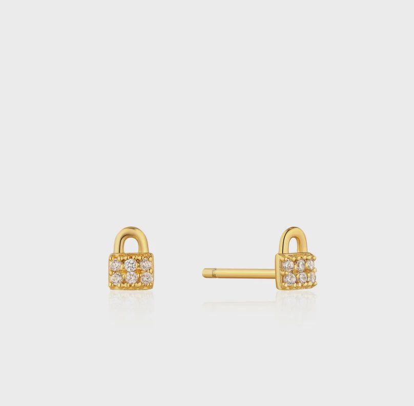 Silver Gold Plated Padlock Sparkle Stud Earrings
