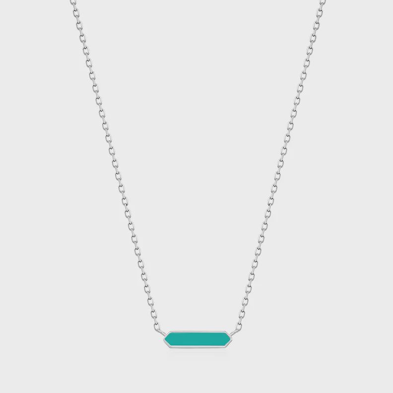 Teal Enamel Bar Silver Necklace