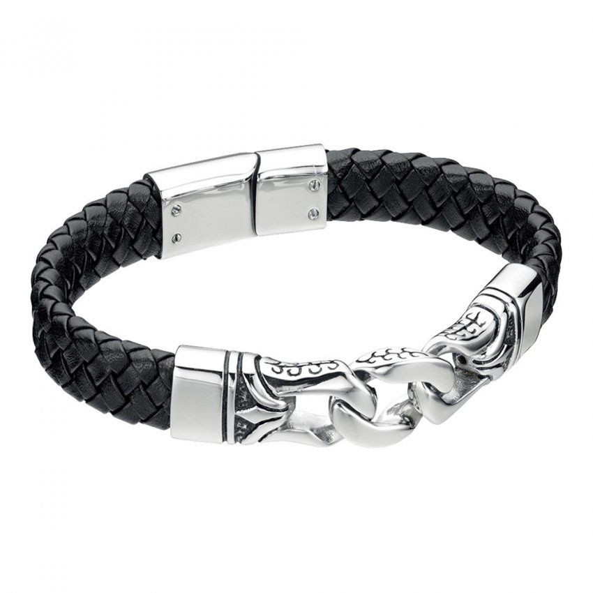 Men&#39;s Leather Stainless Steel &amp; Oxidised Steel Bracelet