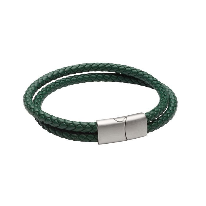 Stainless Steel Forest Green Leather Double Row Men&#39;s Bracelet