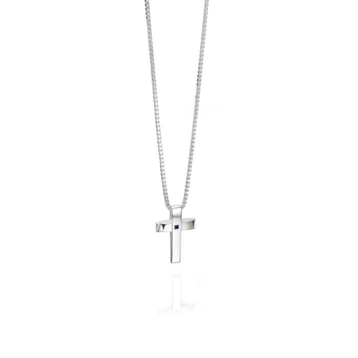 Silver Cross Pendant with Blue Sapphire Stone