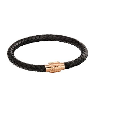 Stainless Steel Men&#39;s Plaited Black Leather and Rose Gold IP Hexagon Clasp Bracelet