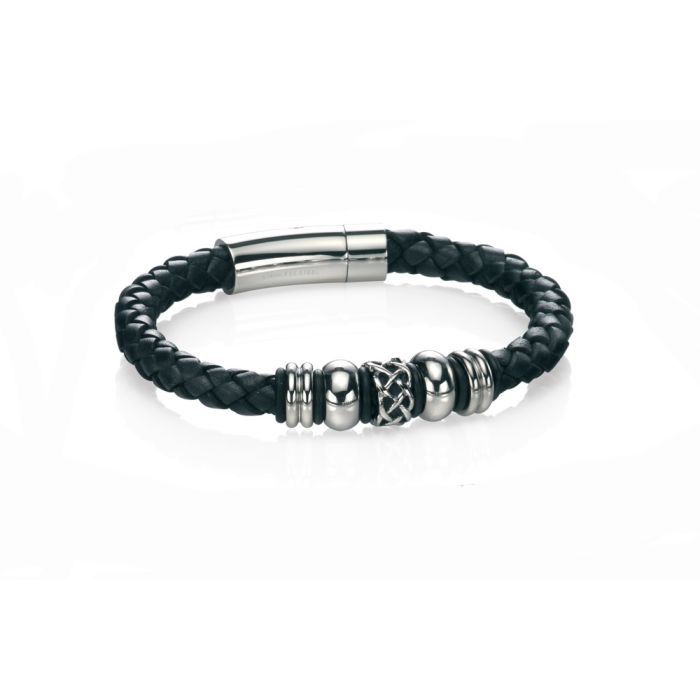 Men&#39;s Stainless Steel Black Leather and Celtic Style Bead Bracelet