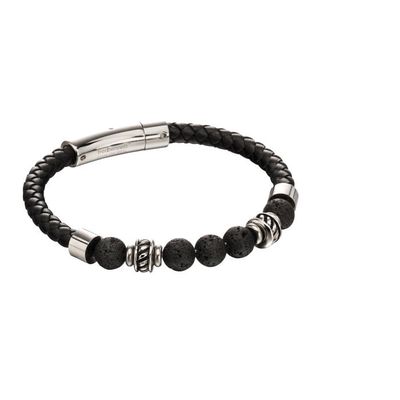 Black Leather Men's Bracelet with Lava Beads