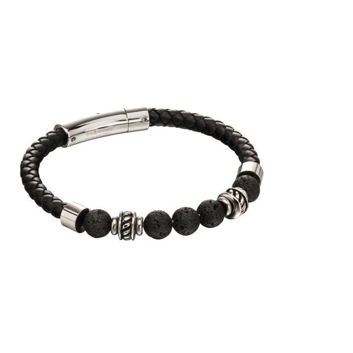 Black Leather Men&#39;s Bracelet with Lava Beads