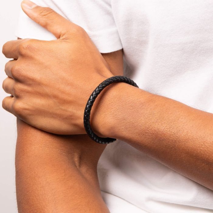S/Steel Plaited Black Leather Bracelet with Rose Gold-Plated Hexagon Clasp