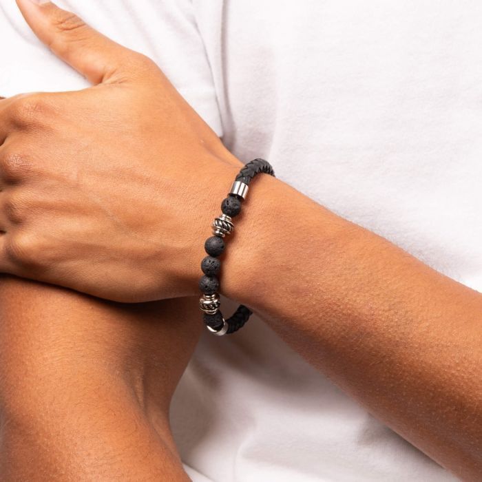 Black Leather Men's Bracelet with Lava Beads