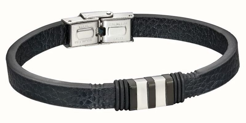 Stainess Steel Black Leather Square Bead Men&#39;s Bracelet