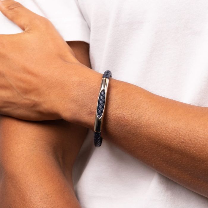 S/Steel &amp; Woven Leather Section Bracelet