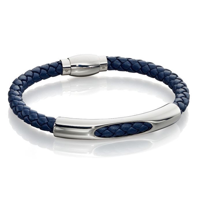 S/Steel &amp; Woven Leather Section Bracelet, Colour: Blue
