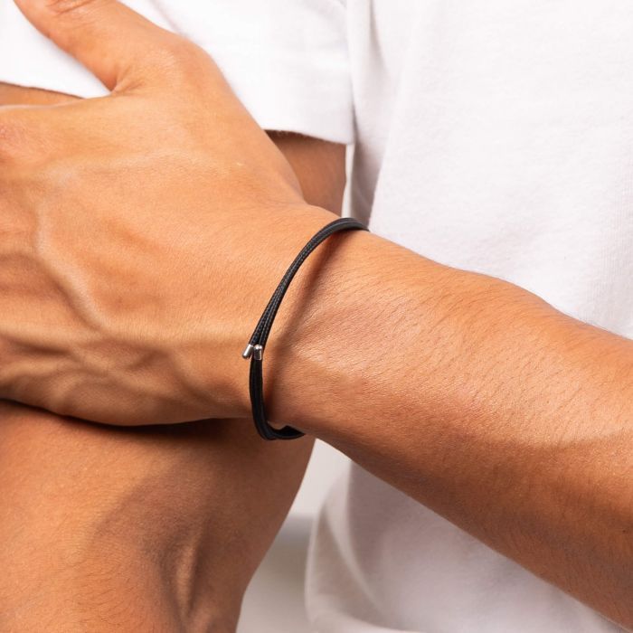 Men's Black Nylon and Magnetic Stainless Steel Wrap Bracelet