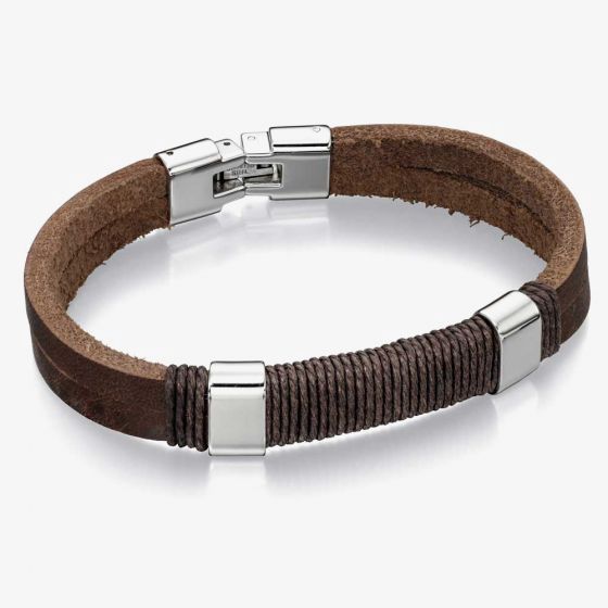 Men&#39;s Stainless Steel Brown Leather Cord Bracelet