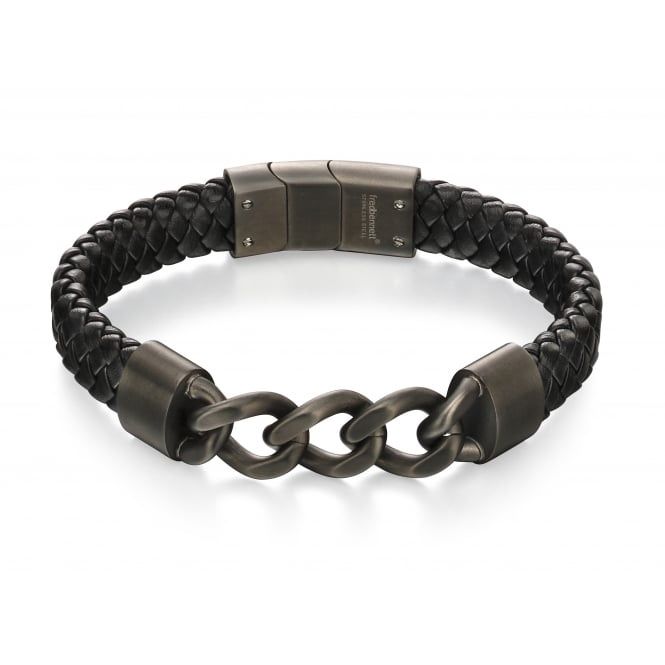 Men&#39;s Steel Gun Metal Tone Leather Bracelet