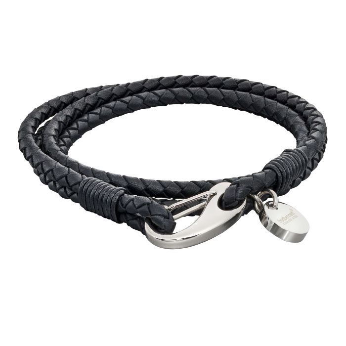 Stainless Steel Men&#39;s Double Row Wrap-around Woven Leather and Large Clasp Bracelet, Colour: Black