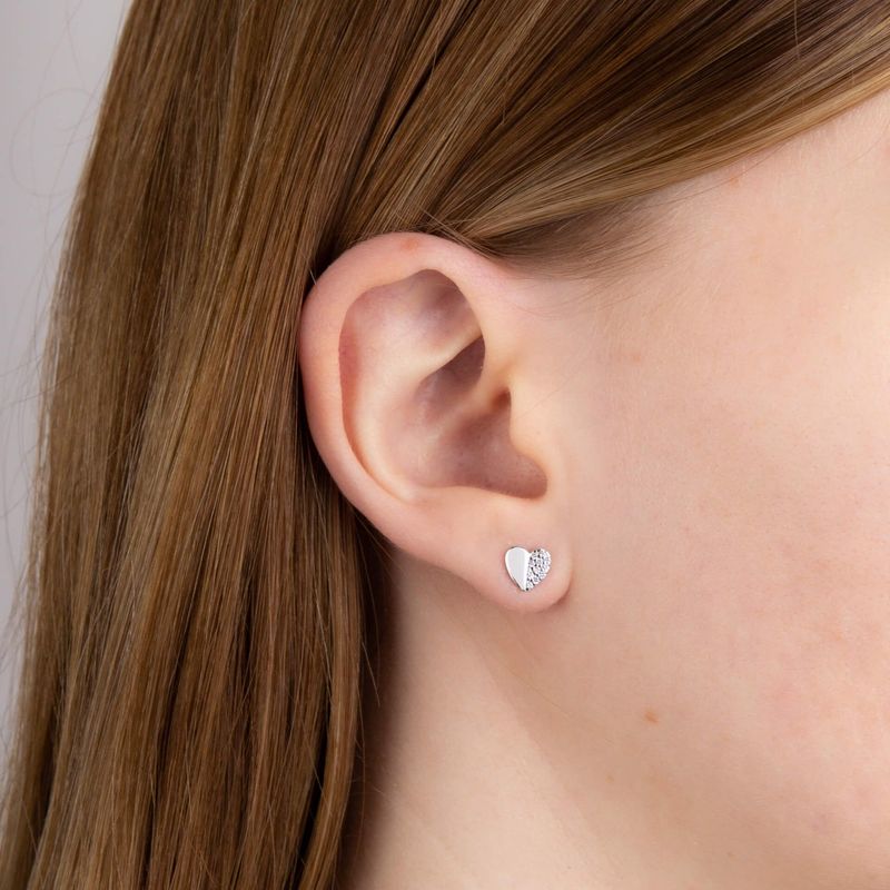 Silver Half Heart Cubic Zirconia Stud Earrings
