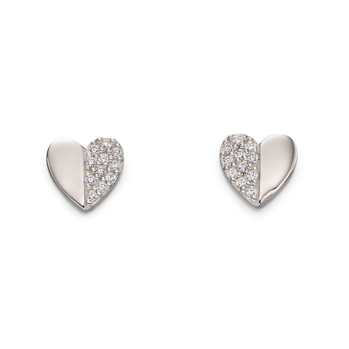 Silver Half Heart Cubic Zirconia Stud Earrings