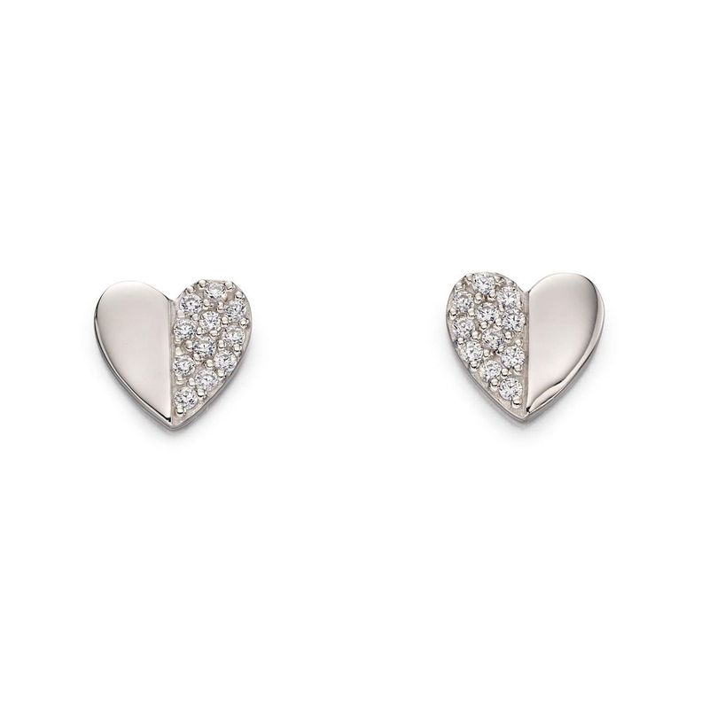 Silver Half Heart Cubic Zirconia Stud Earrings