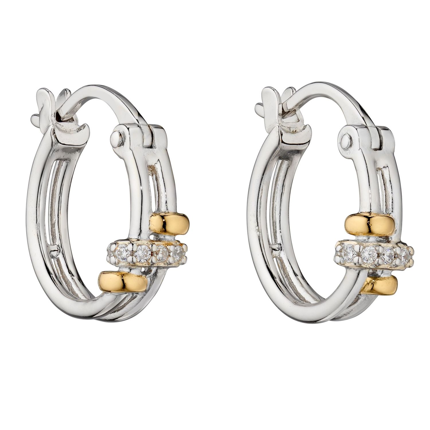Silver Double Hoop Zirconia Two-Tone Earrings