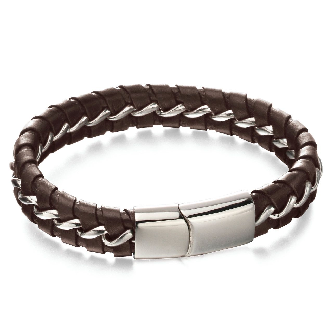 Stainless Steele Brown Leather Woven Men&#39;s Bracelet