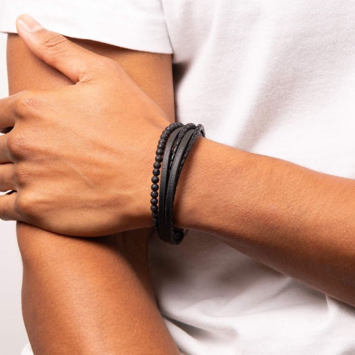 S/Steel Multi-Row Black Leather Bracelet with Lava Beads