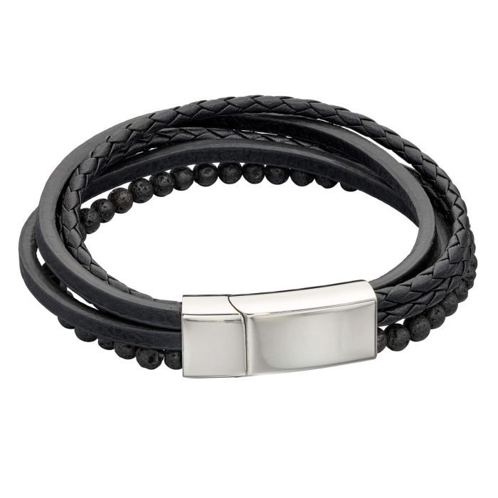 Stainless Steel Multi Row Black Leather Bracelet with Lava Beads, Length: 21cm