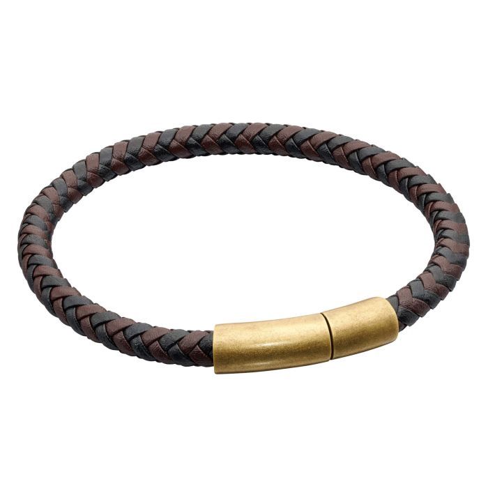 Stainless Steel Two Tone Leather Plaited Men&#39;s Bracelet