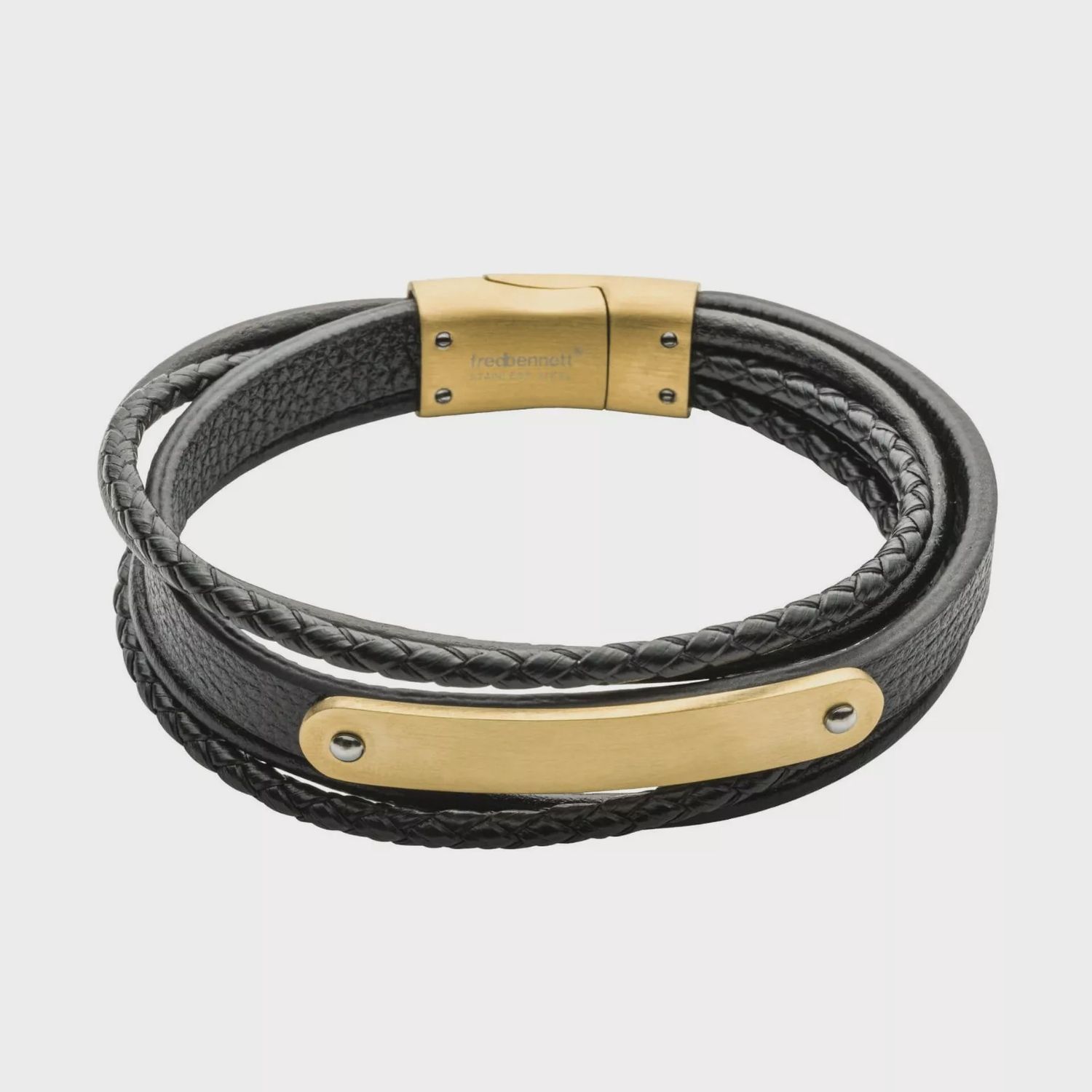 Stainless Steel Black Leather Bracelet with ID Bar