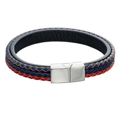 S/Steel Woven Blue, Red &amp; Grey Leather Bracelet