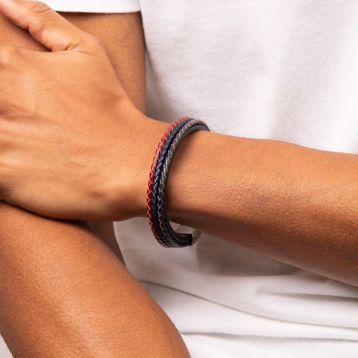 S/Steel Woven Blue, Red & Grey Leather Bracelet