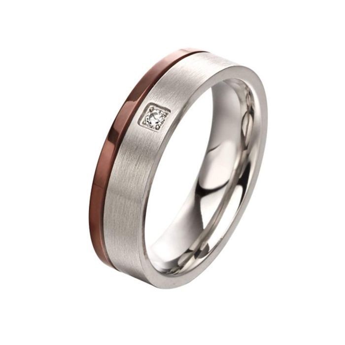 Stainless Steel Brushed Ring with IP detail and CZ, Size: 58
