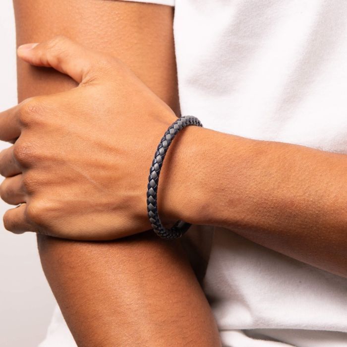 Men's Stainless Steel Two Tone Woven Leather Bracelet