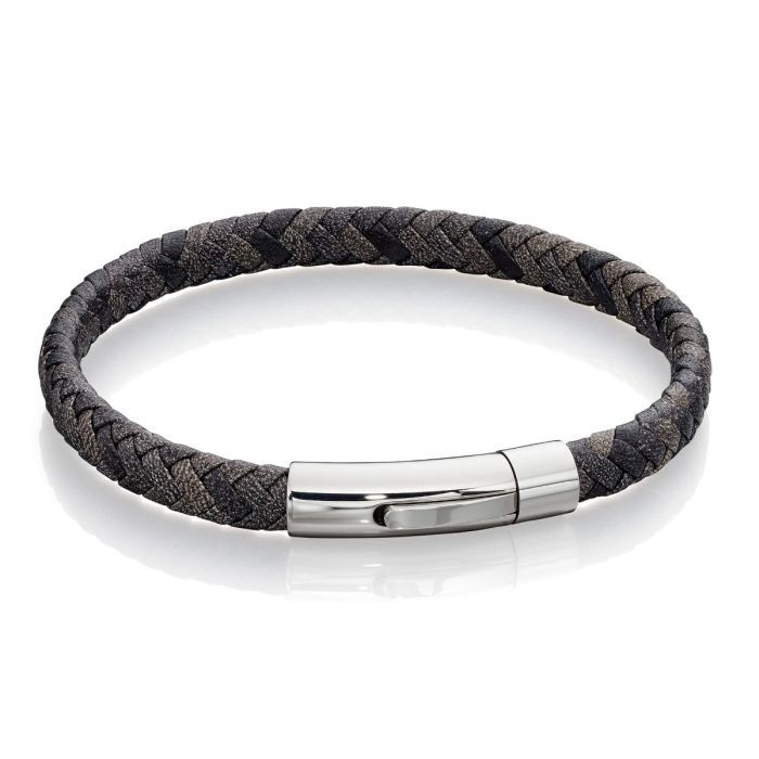 S/Steel Antique Grey Woven Leather Bracelet, Length: 21.5cm