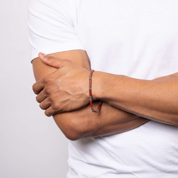 Stainless Steel Red Jasper and Larvikite Stones Bracelet