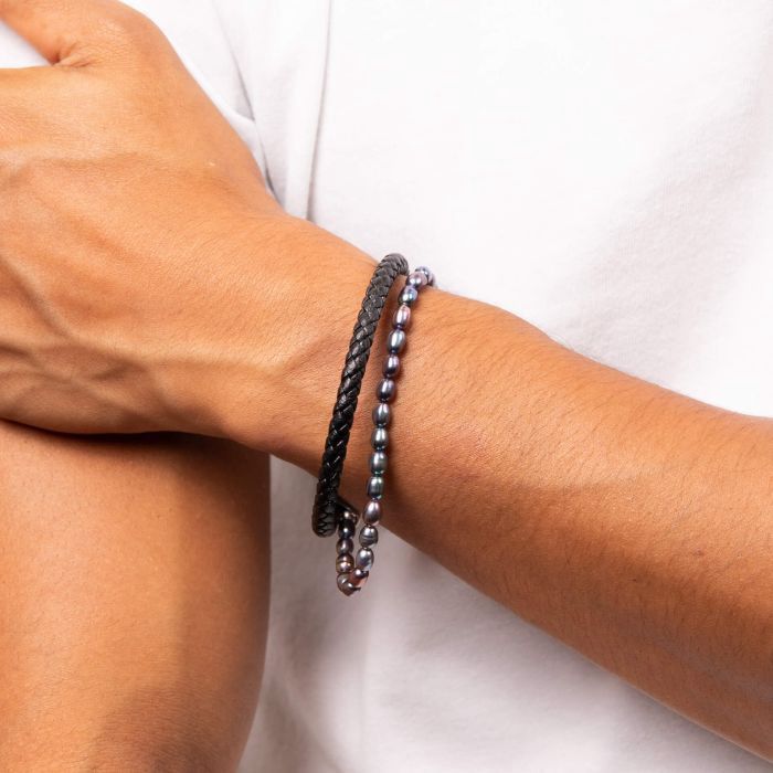Stainless Steel Peacock Freshwater Pearl and Black Leather Men's Bracelet