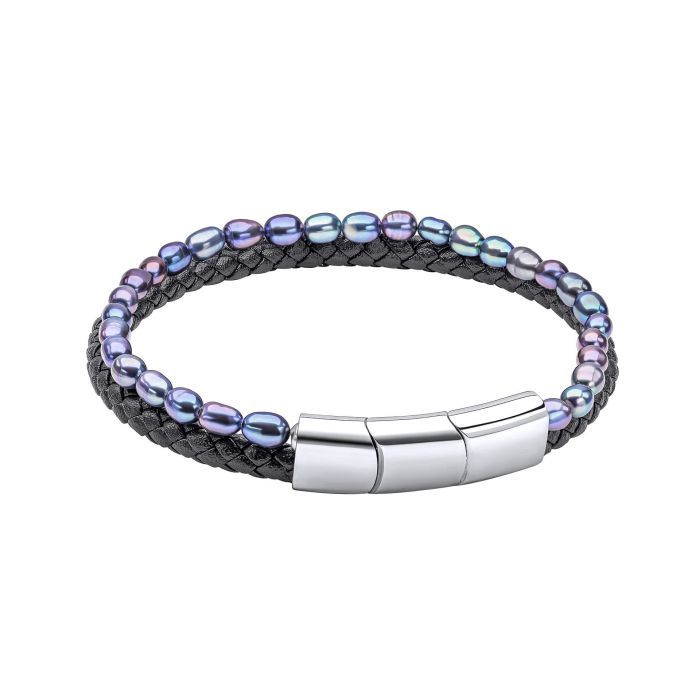 Stainless Steel Peacock Freshwater Pearl and Black Leather Men&#39;s Bracelet