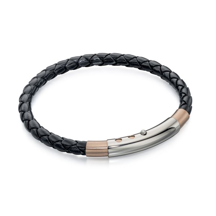 S/Steel Black Leather Bracelet with Rose Gold-Plating