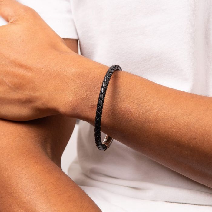 S/Steel Black Leather Bracelet with Rose Gold-Plating