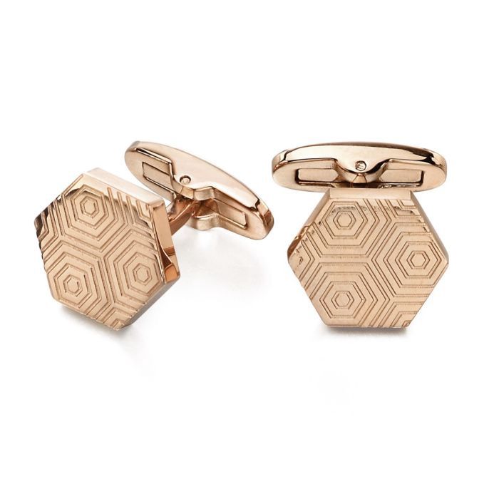 Stainless Steel Etched Rose Plated Hexagonal Cufflinks