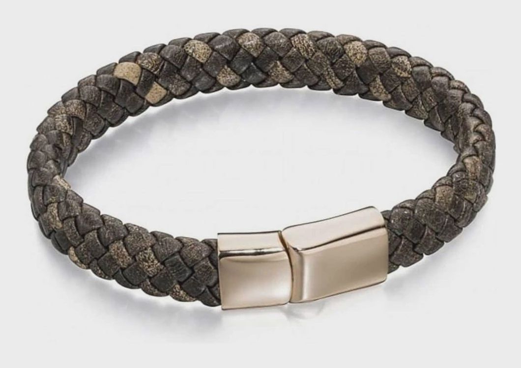 Stainless Steel Wide Plaited Distressed Brown Leather Bracelet