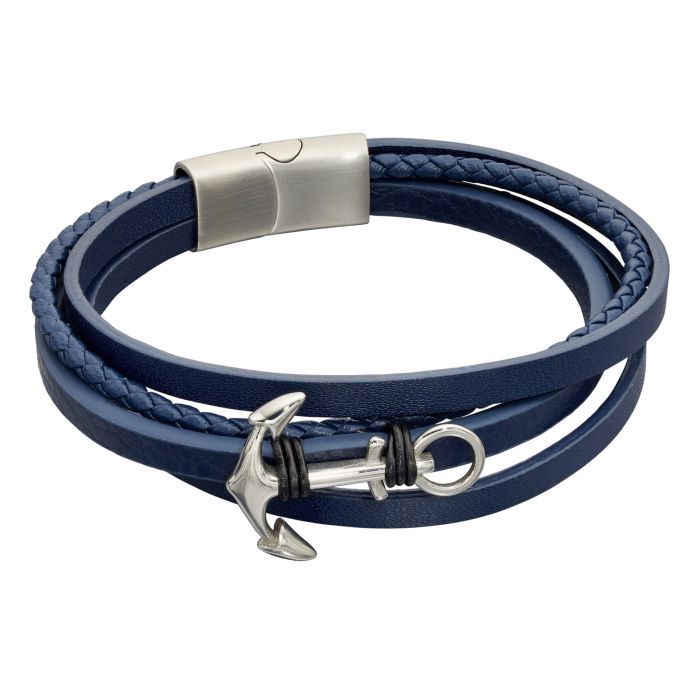 Stainless Steel Navy Leather Multi Row Plaited Bracelet with Anchor