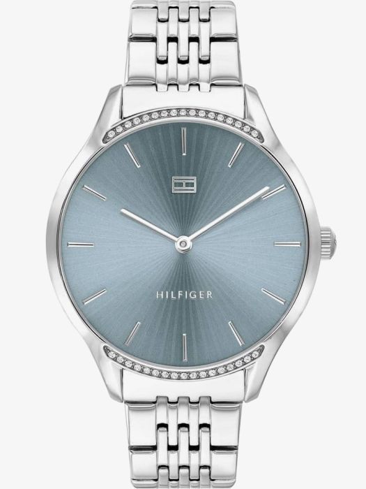 Tommy Hilfiger Gray Blue Dial Crystal Set Bezel Steel Bracelet Ladies Watch