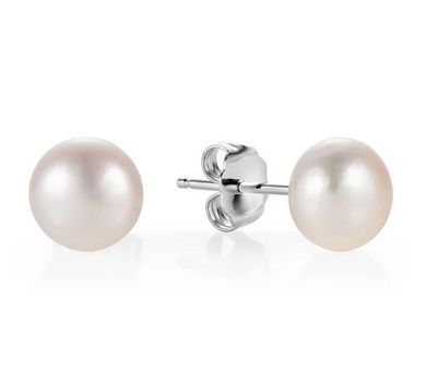 Sterling Silver Button White Pearl Studs