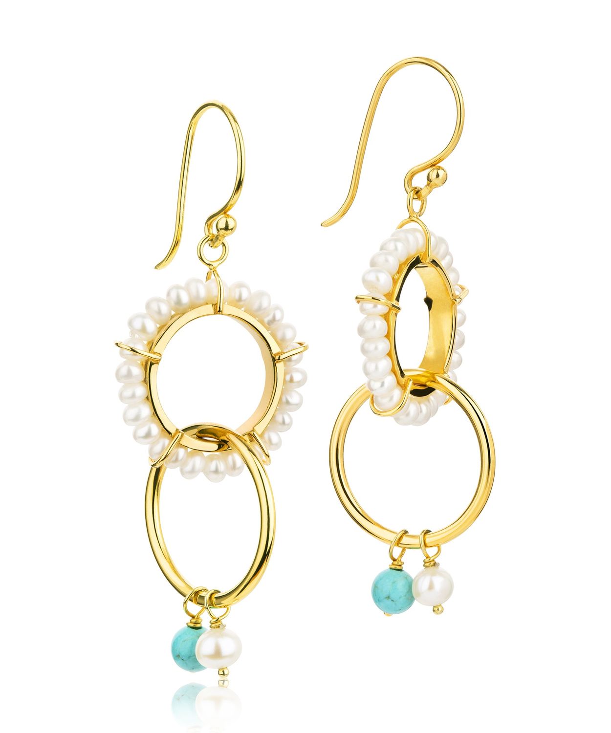 Silver Gold Plated Turquoise Pearl Boho Double Hoop Earrings, Colour: 18ct Gold Plated