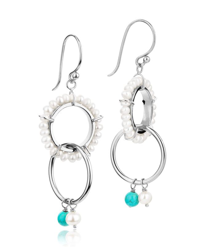 Silver Gold Plated Turquoise Pearl Boho Double Hoop Earrings