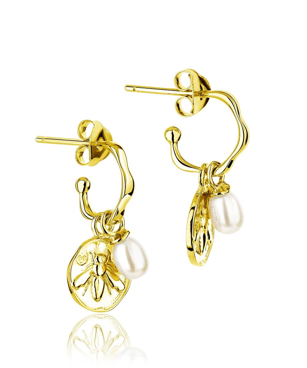 Silver Gold Plated Honey Bee Charm Hoop Earrings, Colour: 18ct Gold Plated
