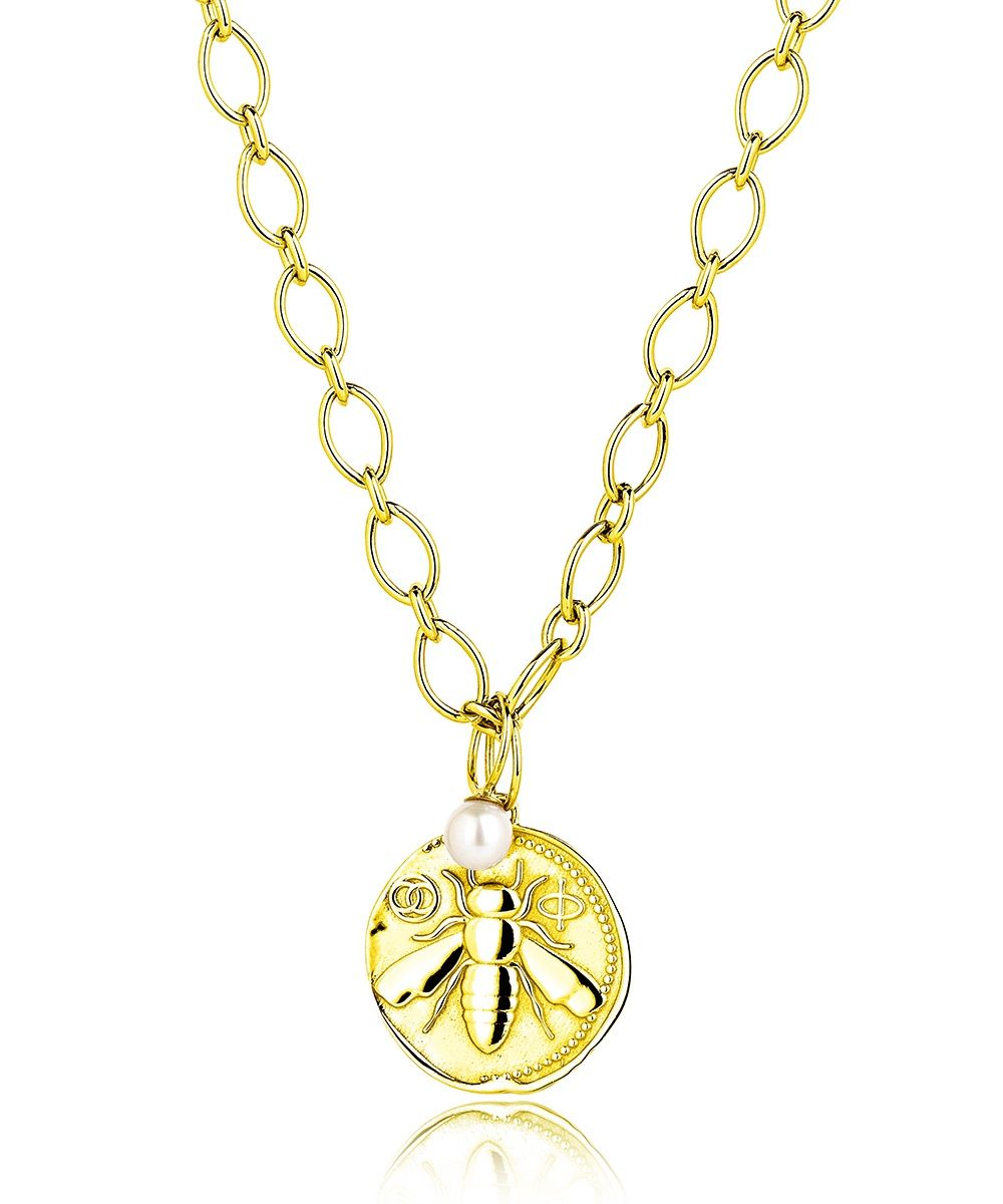 Silver Gold Plated Honey Bee Coin Charm Necklace, Colour: 18ct Gold Plated