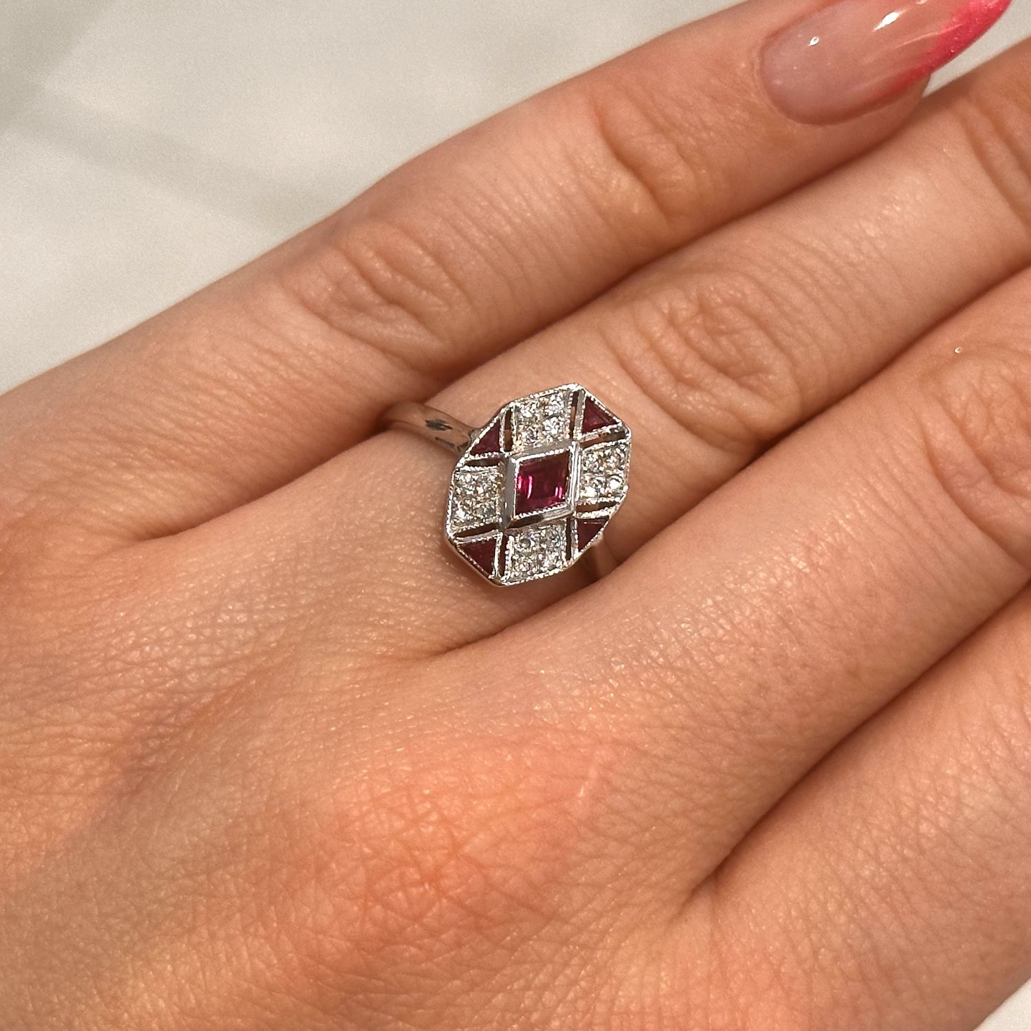 Pre-Owned 18ct White Gold Ruby Diamond  Marquise Cluster Ring