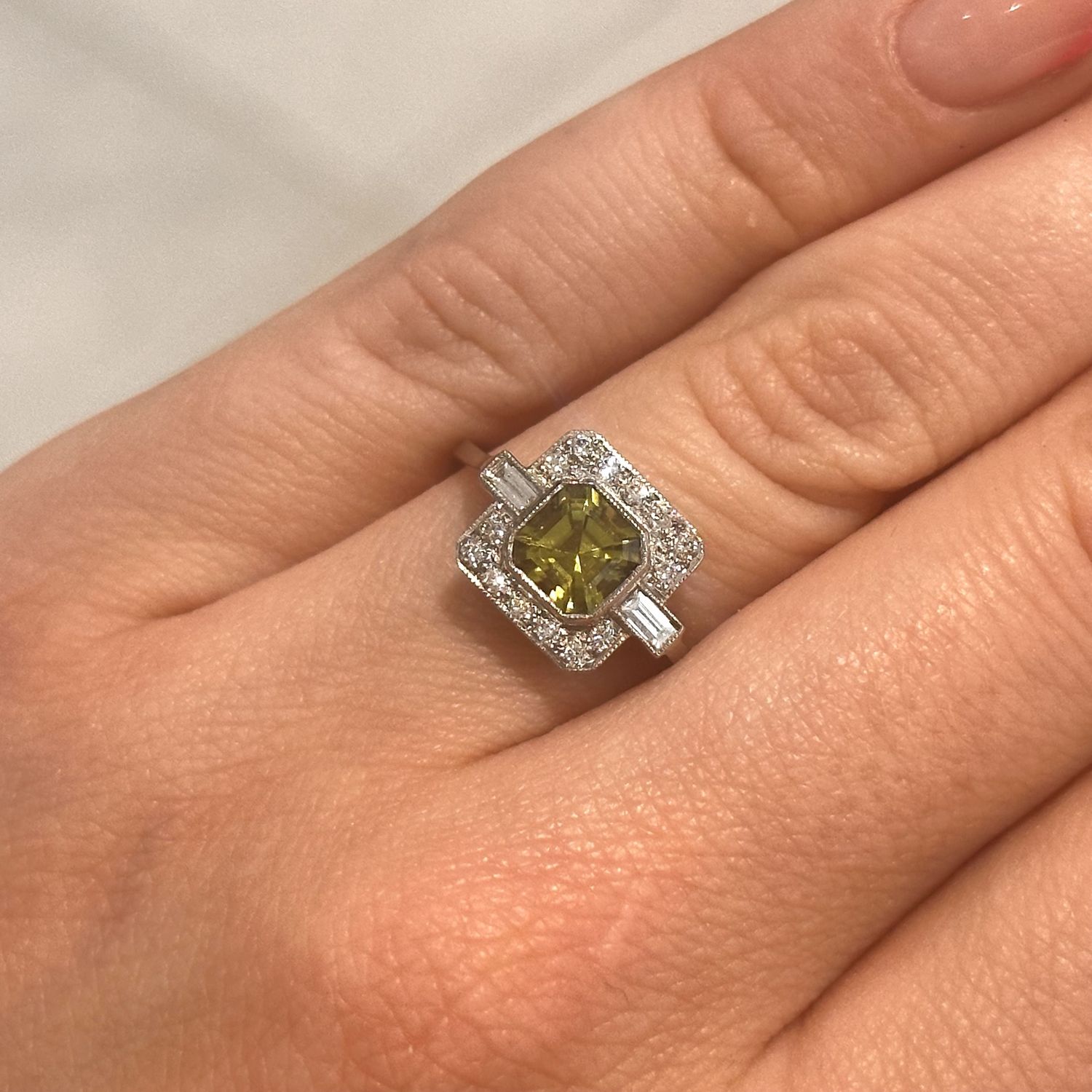 Pre-Owned Platinum Peridot and Diamonds Art Deco Ring