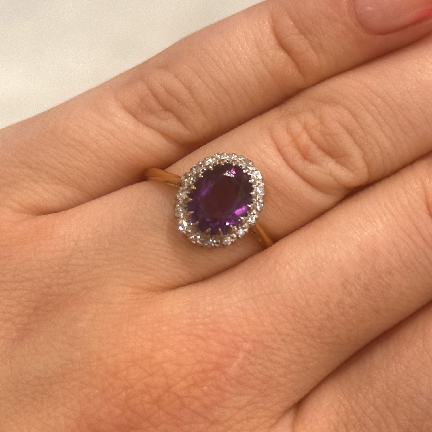 Pre-Owned 18ct Yellow Gold Amethyst and Diamond Halo Ring