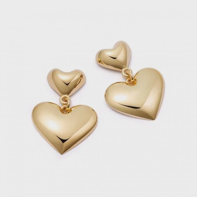 Recycled Brass 18ct Plated Gold Double Heart Drop Earrings